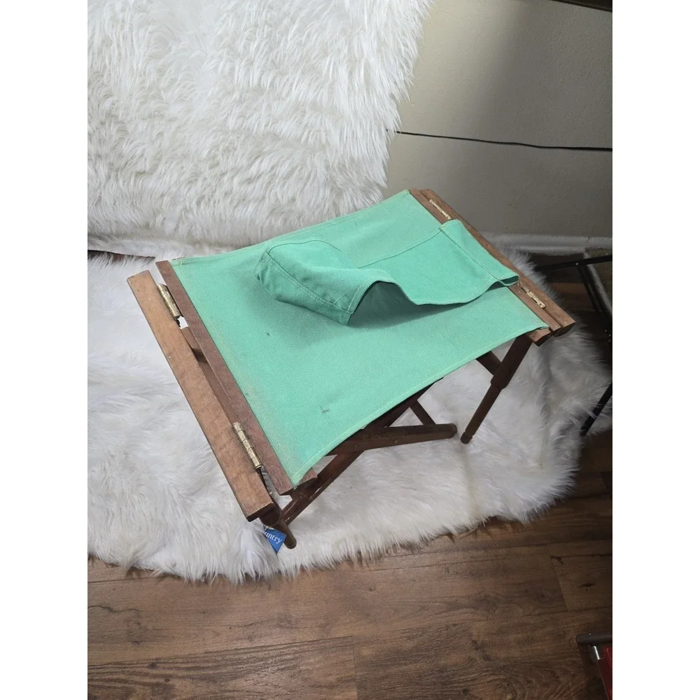 Vintage Directors Chair Green Canvas Natural Wood Table Height Foldable OLD!!!
